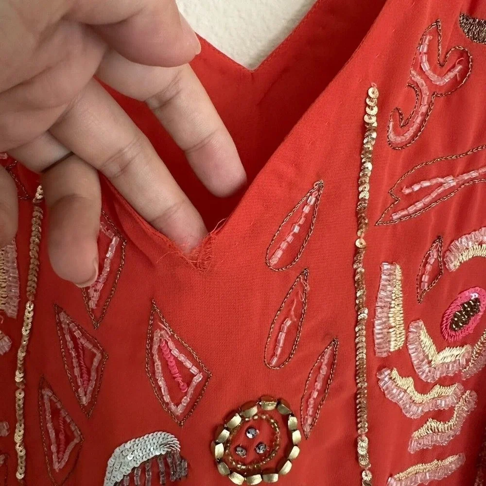 Free People Mini Dress Women XS Red Beaded Sequin‎ Boho Shift OB334008